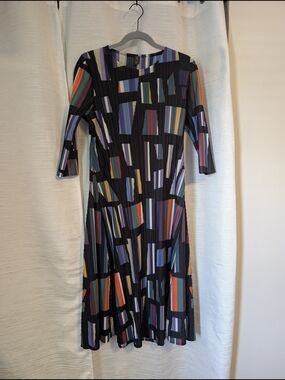 Pleated Black Geometric Print Midi Dress with Multi-Color Stripes